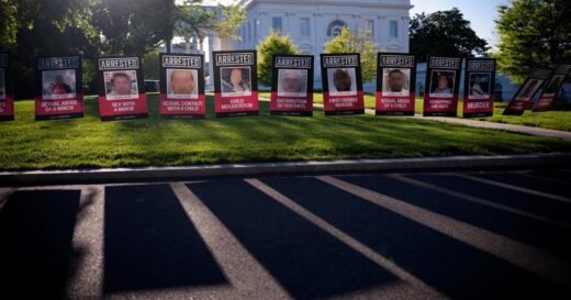 White House lawn lined with mugshot-style posters showing arrested immigrants, alleged crimes