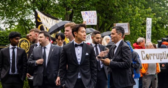 Tuxedos, luxury SUVs and protesters