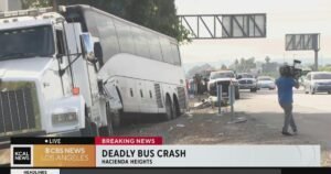 1 dead, dozens injured in California freeway tour bus crash in Hacienda Heights