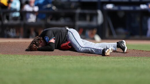 Marlins pitcher Ryan Weathers was drilled in the head by a throw during warmup