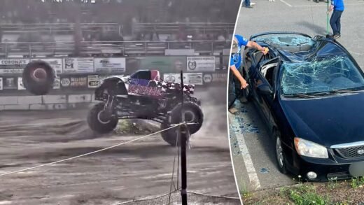 Washington monster truck show goes awry when rogue wheel flattens parked car