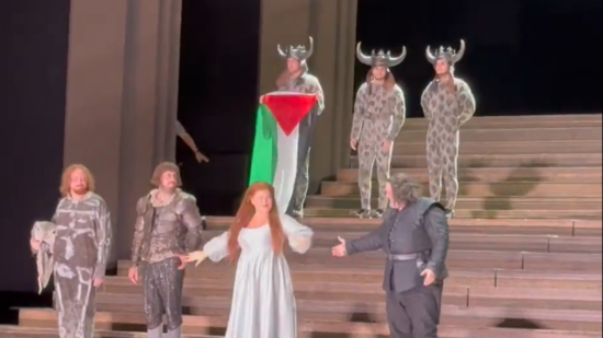 Scuffle breaks out on stage of Royal Opera House after performer unfurls Palestinian flag | UK News