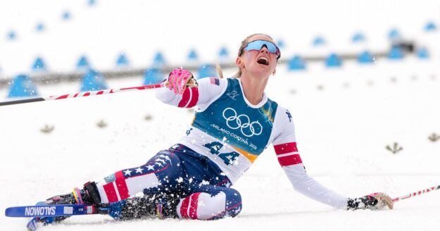 USA’s Jessie Diggins collapses in pain after winning bronze at Winter Olympics