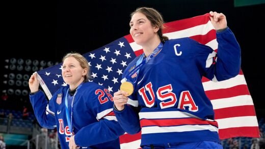 Team USA women’s ice hockey celebrates Olympic gold with emotional anthem moment