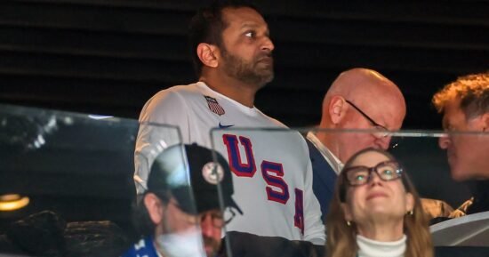 FBI Director Kash Patel is seen celebrating with the U.S. men’s hockey team