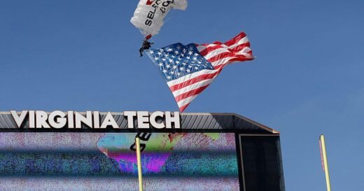 Skydiver rescued after crashing into scoreboard during Virginia Tech football scrimmage