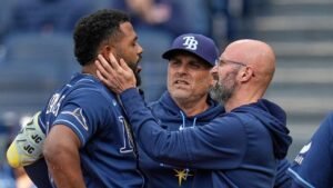Rays third baseman Junior Caminero exits game after foul tip to jaw