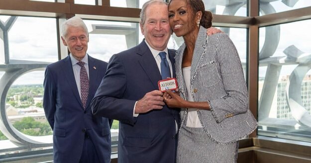 George W. Bush gifts Michelle Obama a tin of Altoids at Obama Center opening in an ode to their friendship