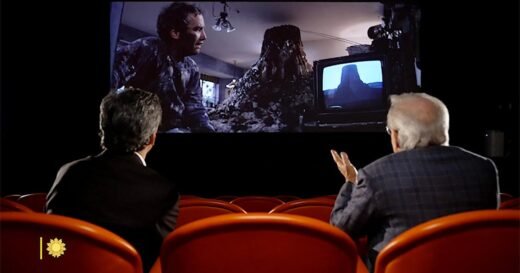 Steven Spielberg watches scene from “Close Encounters of the Third Kind”
