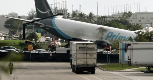 Five dead after Amazon-branded cargo plane overruns runway at Miami airport, striking multiple vehicles