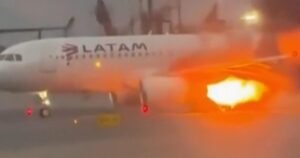 Plane engine shoots flames before takeoff from Lima, Peru